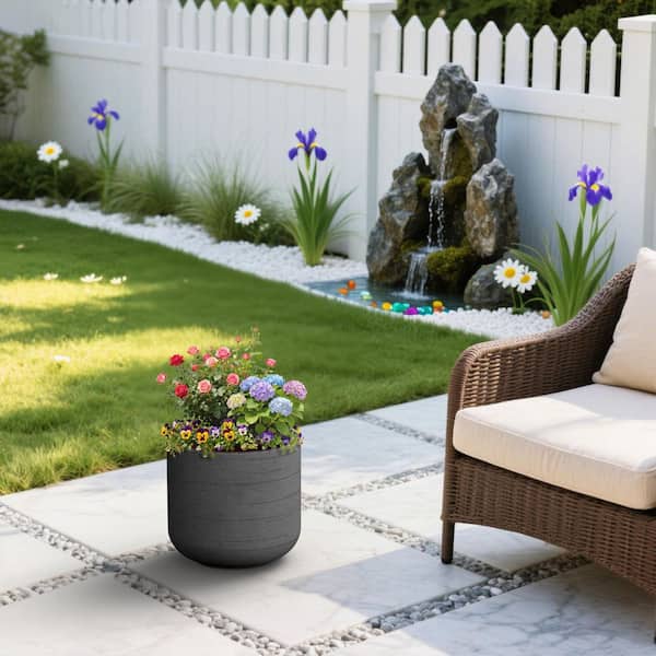 13.5in.W x 12.5in.H Concrete Dark Gray Tall Round Flower Planter Indoor Outdoor Plant Pot with Drainage Holes, Large