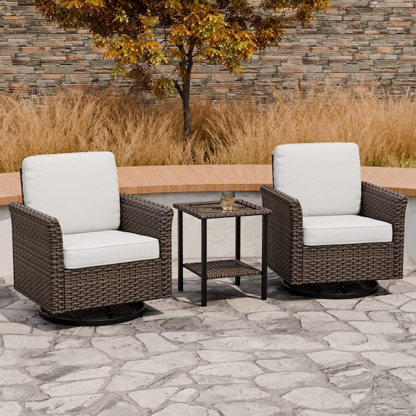 EAGLE PEAK 3-Piece Mix Brown Wicker Patio Conversation Set Wide Armrest Swivel Chair Set with Beige Cushions, 2-Tier Side Table