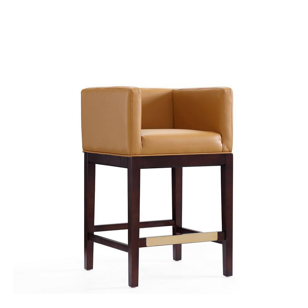 Set of 2 Camel Faux Leather and Walnut Wood Counter Stools