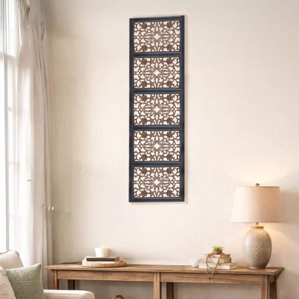 Benjara Burnt Black Wooden Rectangular Wall Panel with Intricate