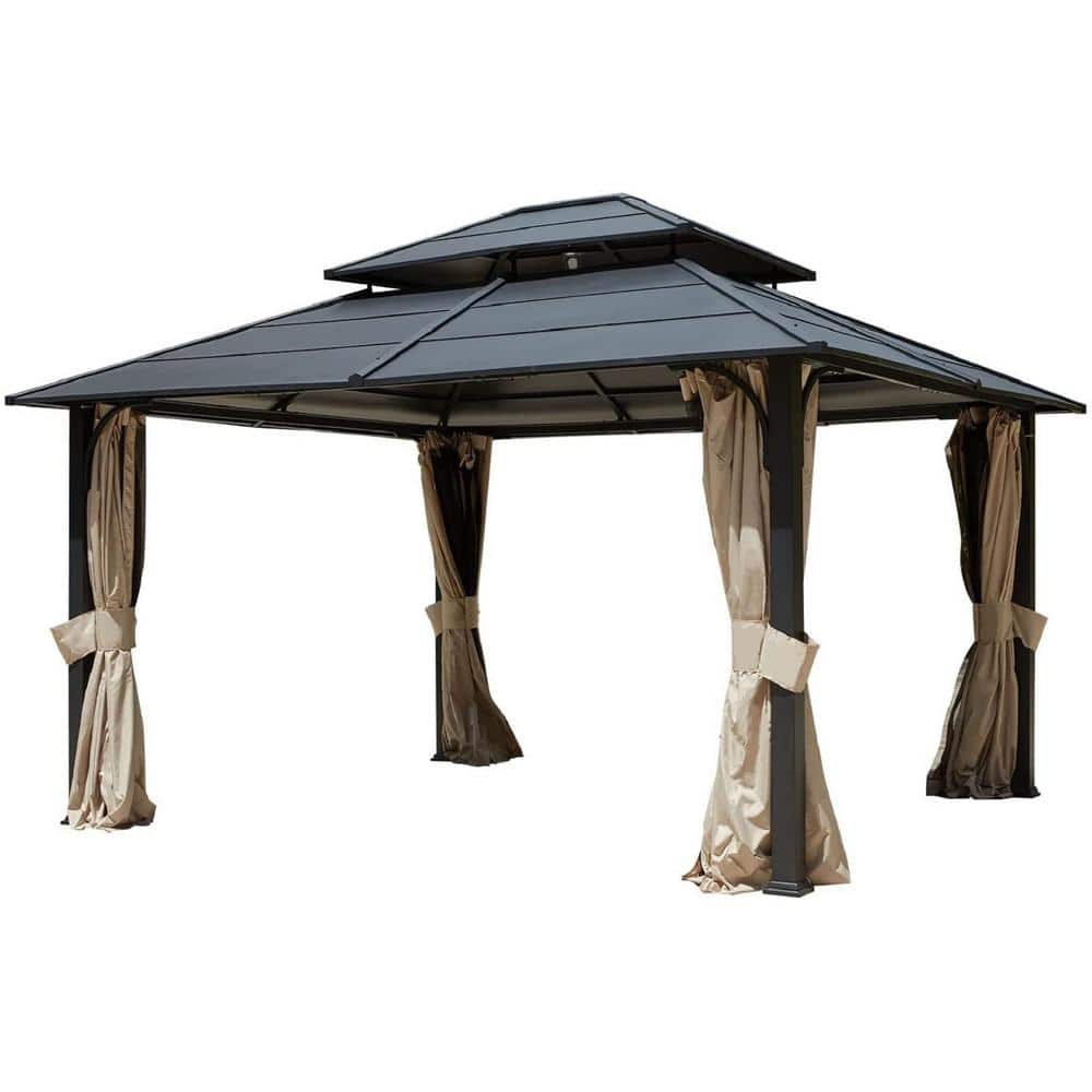 12 ft. x 14 ft. Permanent Aluminum Patio Gazebo with Privacy Curtain ...