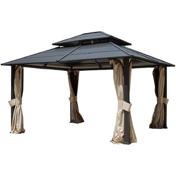 Unbranded 12 ft. x 14 ft. Permanent Aluminum Patio Gazebo with Privacy Curtain and Mosquito Net Double Roof Canopy Gazebo