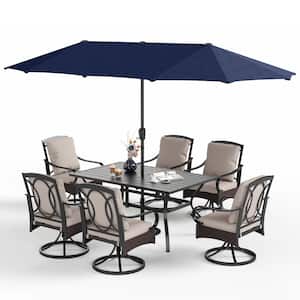 8-Piece Black Metal Outdoor Dining Set with Beige Cushions and Navy Umbrella