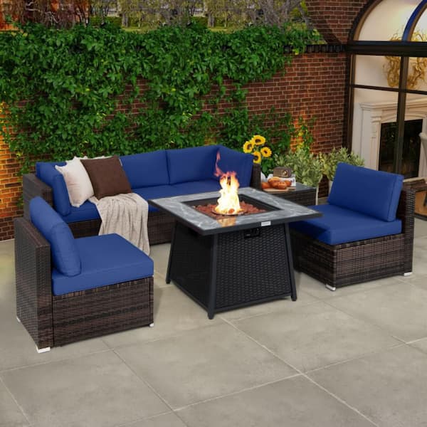 7-Piece Wicker Patio Conversation Set with 50000-BTU Propane Gas Fire Pit and Navy Cushions