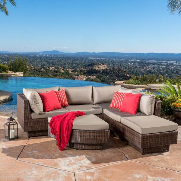 Noble House 6-Piece Plastic Patio Sectional Seating Set with Tan Cushions