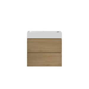 24 in. Single Sink Wall Mounted Natural Oak Bath Vanity with White Solid Surface Top Unassembled