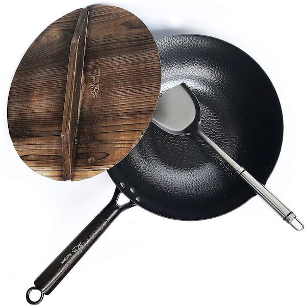 Large 12.5 in. Black Carbon Steel Induction Wok, Lid, Spatula and User Guide Video Included, No Teflon Coating