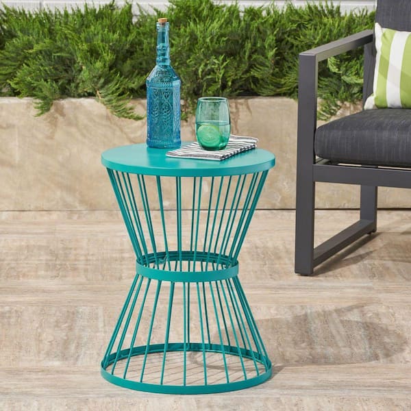 Teal Iron Outdoor Side Table with Hourglass Design, Accent Table for Outdoor and Indoor Use