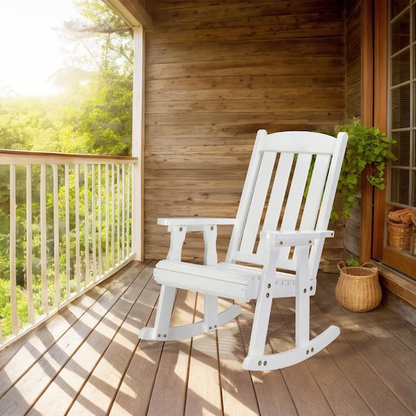 VINGLI White Heavy Duty 600 lbs. Wood Outdoor Rocking Chair with