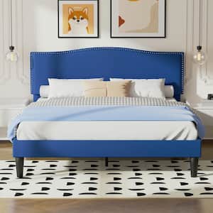 Bed Frame Blue Metal Frame Queen Platform Bed with Upholstered Headboard, Strong Frame and Wooden Slats Support