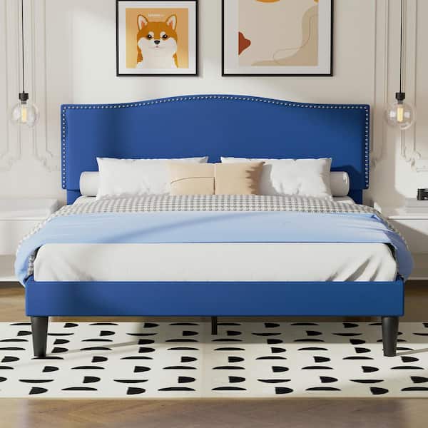 VECELO Bed Frame Blue Metal Frame Queen Platform Bed with Upholstered Headboard, Strong Frame and Wooden Slats Support
