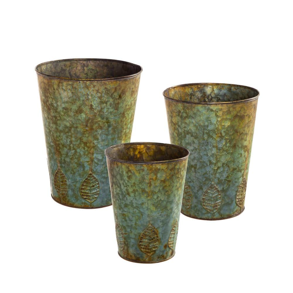 Evergreen Nested Metal Planter with Leaf Embossing (Set of 3