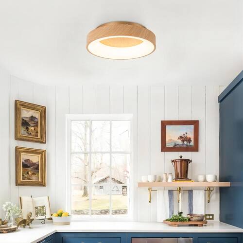 Alethia 15.7 in. Modern Farmhouse Rustic Gold Wood Grain Ceiling Light Round Dimmable Integrated LED Dome Flush Mount Flush Mount Ceiling Lights