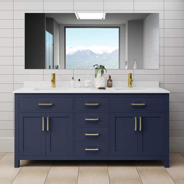 Wyndham Collection Beckett 72 in. W x 22 in. D Double Vanity in Dark Blue with Cultured Marble Vanity Top in Carrara with White Basins