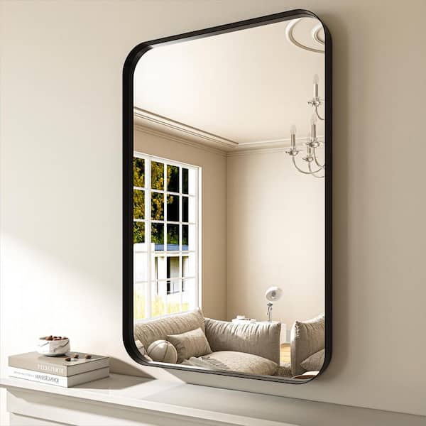 ORGANNICE 24 in. W x 36 in. H Black Aluminum Framed Modern Rounded Wall Mount Mirror