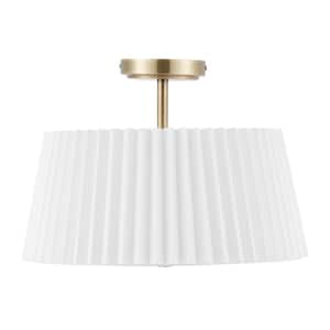 16 in. 3-Light Gold Modern Semi Flush Mount with Pleated Drum Lamp Shade