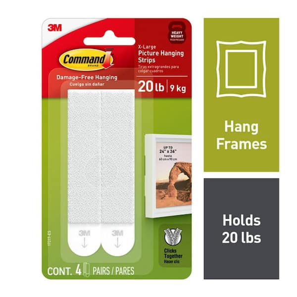 Command 20 Lb XL Heavyweight Picture Hanging Strips, White, Damage Free Decorating, 4 Pair
