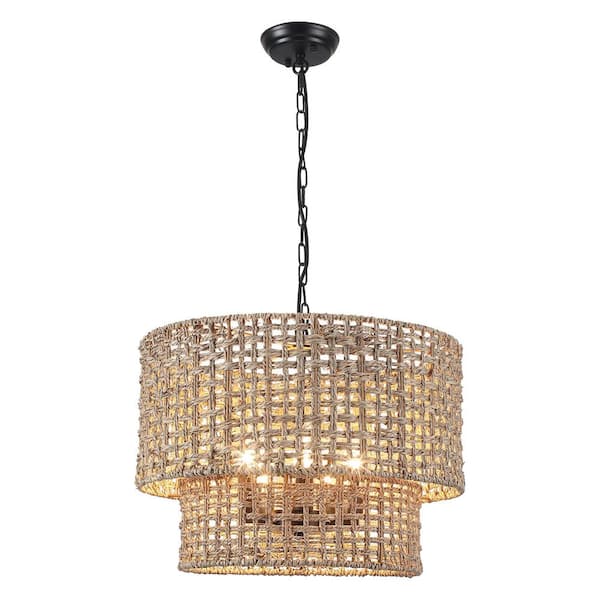 ADSENSTY 5-Light Black Bohemian Chandelier 2-Tier Rattan Drum Pendant Light for Living Room