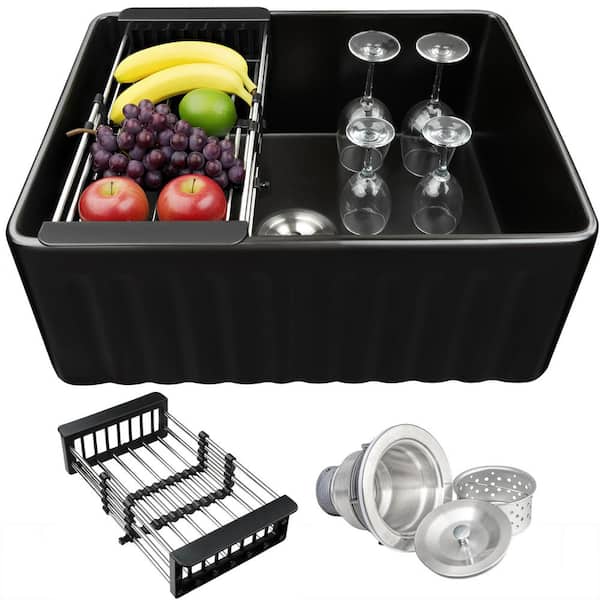 Black Fireclay 24 in. Single Bowl Apron-Front Kitchen Sink with Basket Strainer