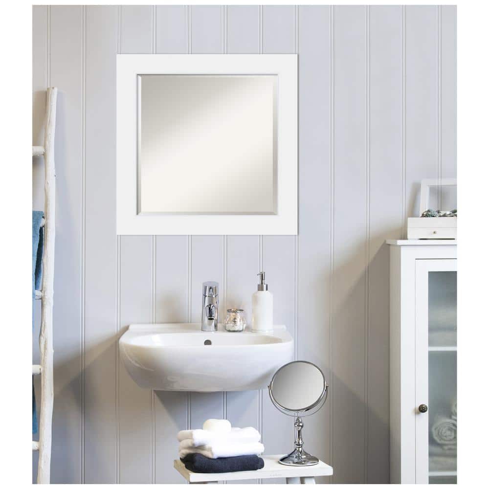 Contemporary White Wood 25" Square Bathroom Vanity Mirror