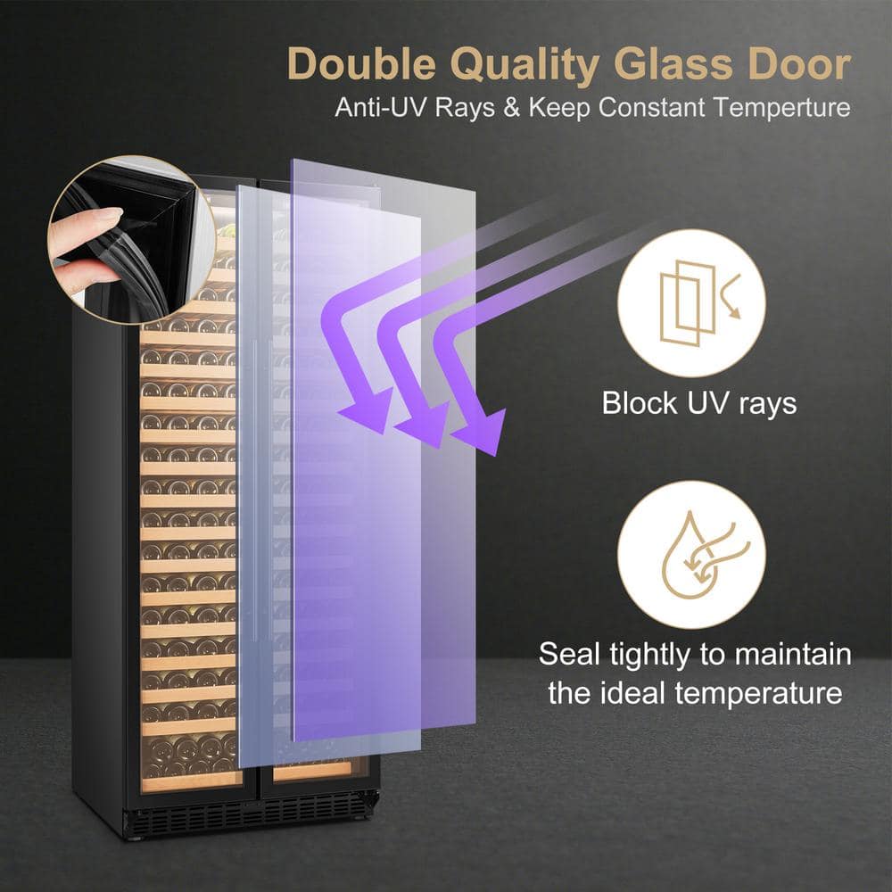 Black Freestanding Dual Door Wine Cooler with Wooden Shelves