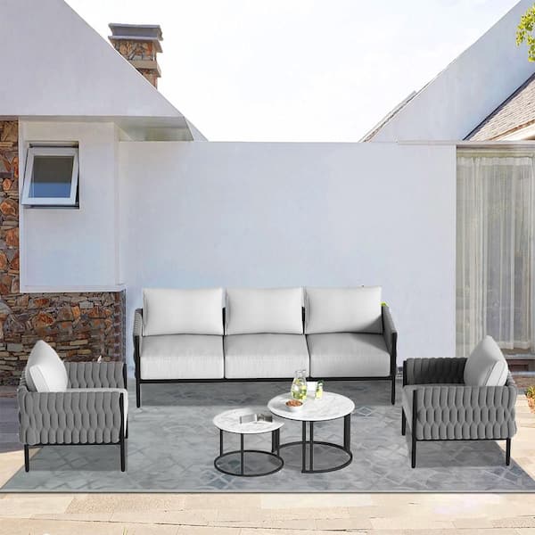 5-Piece Black Metal Outdoor Conversation Set with Gray White Cushions and 1 Coffee Table