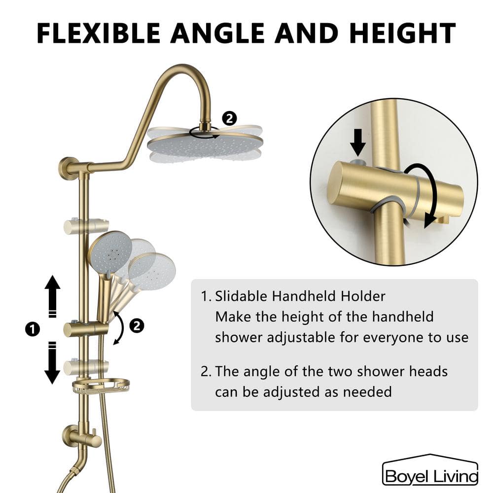 Brushed Gold Large Dual Round Wall Mounted Shower System