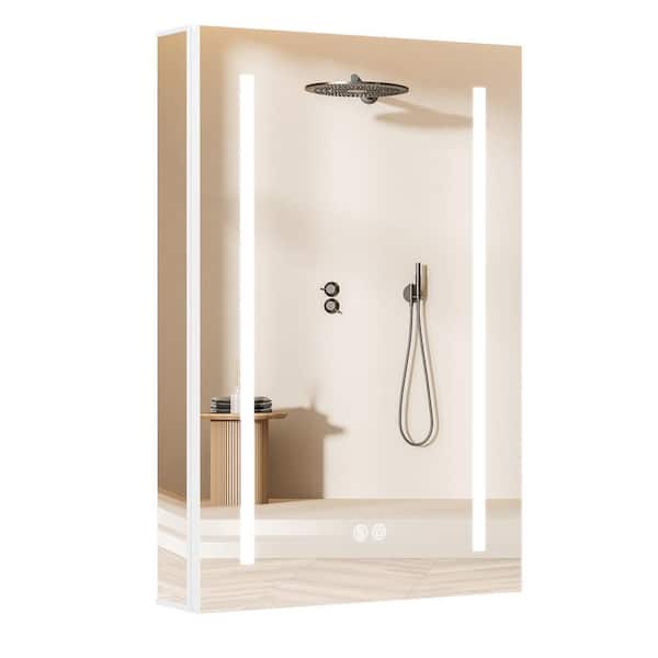 Reco 20 in. W x 30 in. H Recessed /Surface Mount Rectangular White Bathroom Medicine Cabinet with Mirror and LED Lights