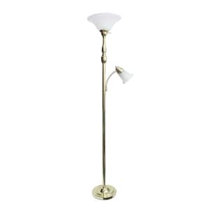 71 in. Gold Torchiere Floor Lamp with 1 Reading Light and White Marble Glass Shades