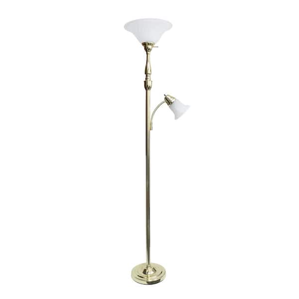 Lalia Home 71 in. Gold Torchiere Floor Lamp with 1 Reading Light and White Marble Glass Shades