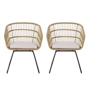 Boniare Light Brown Wicker Outdoor Patio Dining Chair with Beige Cushions (2-Pack)