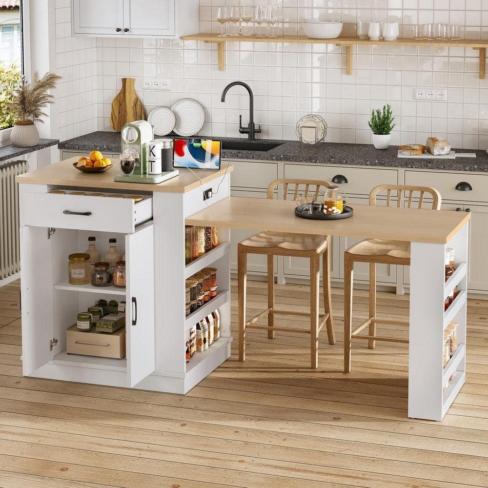 URTR White Light Wood 33-81 in. Kitchen Island with Extendable