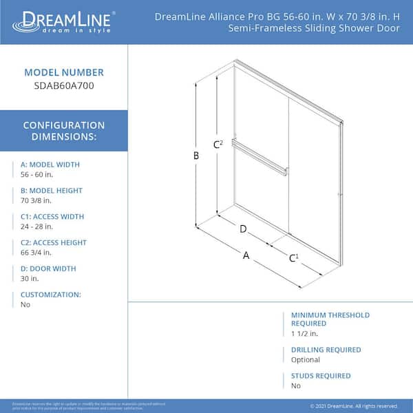 DreamLine Alliance Pro BG 60 in. W x 70.375 in. H Sliding Semi Frameless Shower Door in Brushed Nickel with Clear Glass