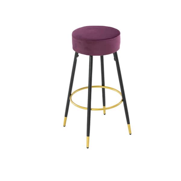 Huluwat 30 in. Purple Backless Mteal Frame Bar Stool with Velvet Upholstered Seat and Golden Circular Footrest (Set of 2)