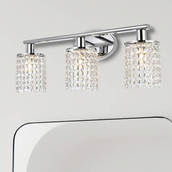 YANSUN 20.87 in. 3-Light Chrome Vanity Wall Lamp with Crystal Shade