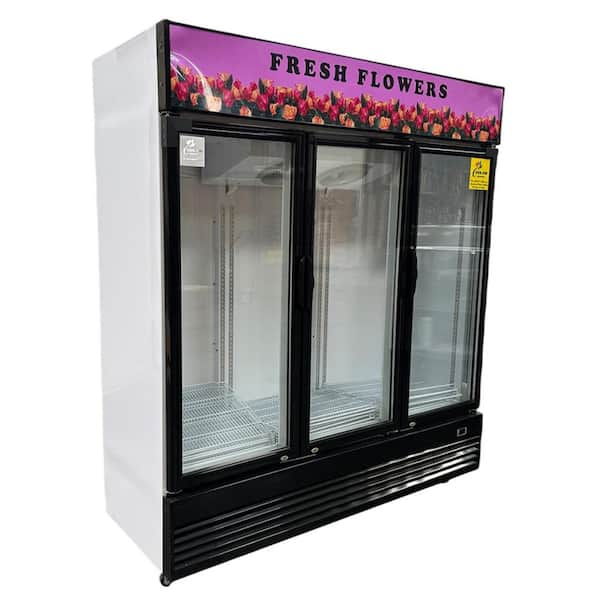 74 in. W 56.5 cu. ft. Commercial 3 Glass Door Flower Cooler Floral Refrigerator Merchandiser Cooler in White
