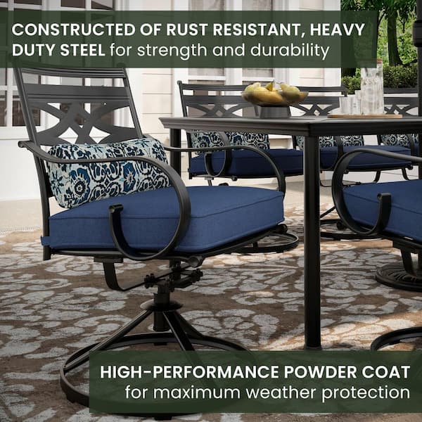 Montclair 9-Piece Steel Outdoor Dining Set with Navy Blue Cushions, 8 Swivel Rockers, 42 in. x 84 in. Table and Umbrella