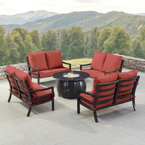 Oakland Living Black 7-Piece Aluminum Patio Fire Pit with 4-Deep Seating Loveseat Red Cushions