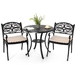 Black with Gold-Painted Edges 3-Piece Cast Aluminum Round Outdoor Bistro Set with Beige Cushions and Umbrella Hole