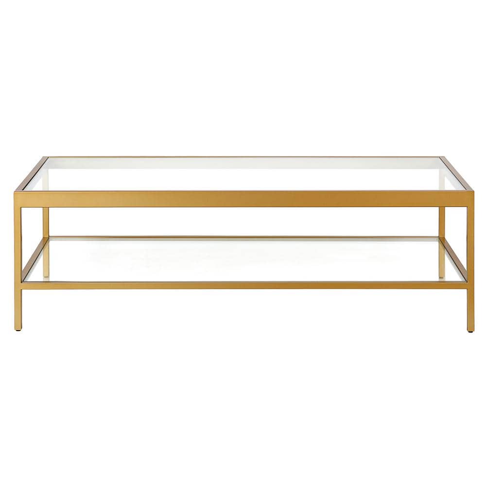 Modern Rectangular Metal & Glass Coffee Table with Shelf - Brass Finish