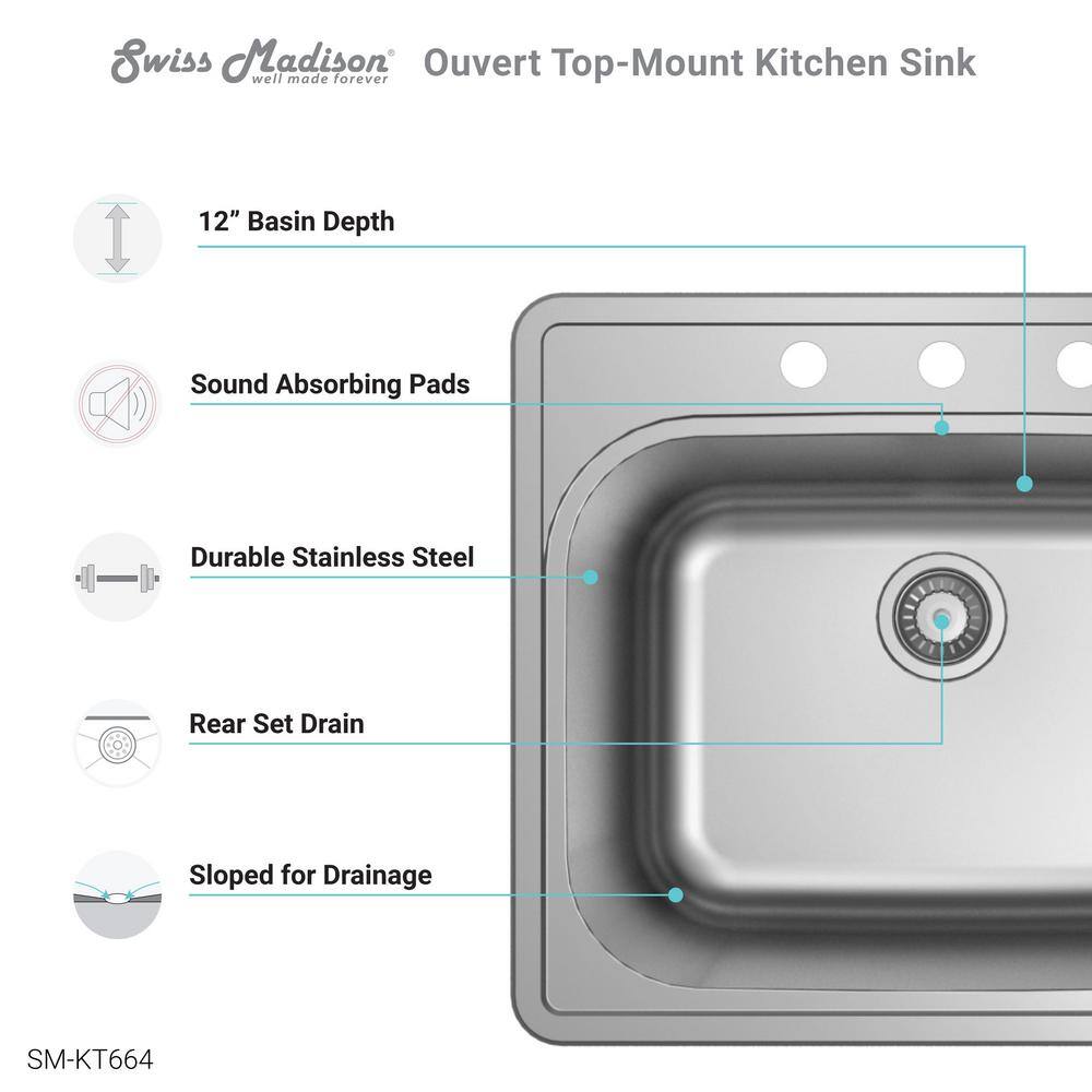 Ouvert 25 x 22 Stainless Steel Single Basin Top Mount Kitchen Sink