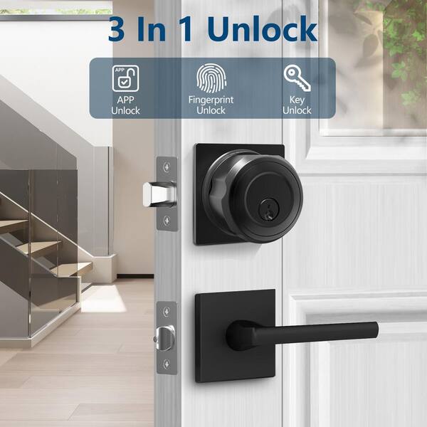 3 in 1 Aluminum Smart Lock Deadbolt with App Biometric Door Knob, Keyless Entry Door Lock, Square, in Black
