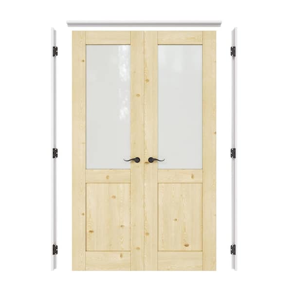 ARK DESIGN 48 in. x 80 in. Universal 1/2-Lite Frosted Glass Solid Core Unfinished Pine Wood Double Prehung French Door with Jamb