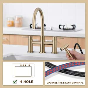 Double Handle Brass Kitchen Faucets, Kitchen Bridge Faucet with Side Sprayer, 8 inch Kitchen Faucet in Brushed Gold
