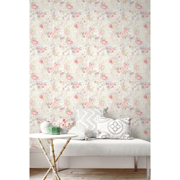 Garden Floral Beige/Rose/Violet Vinyl Peel and Stick Strippable Wallpaper Roll (Cover 30.75 sq. ft. )