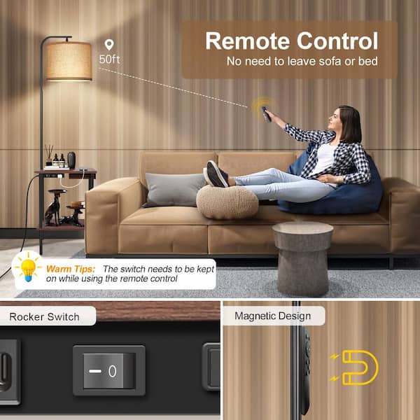 62 in. Walnut Dimmable Tray Table Standard Floor Lamp with USB Charging Port Plus AC Outlet, Drawer and Remote Control