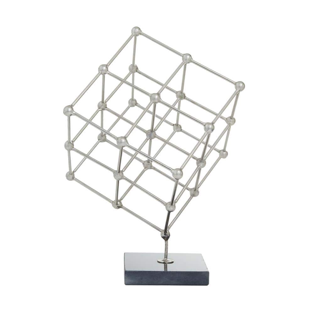 Modern Silver Cube Sculpture with Marble Base 12''