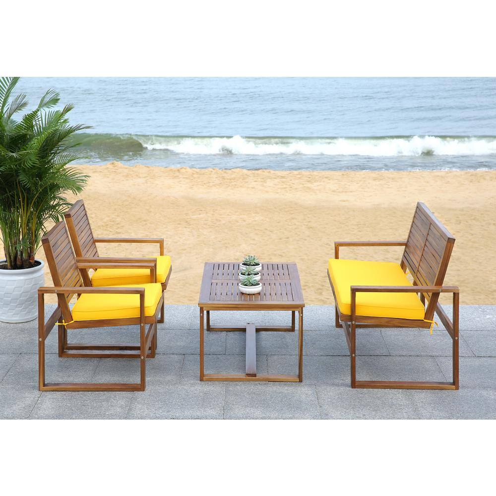 Ozark Brown Acacia 4-Piece Outdoor Patio Set with Yellow Cushions