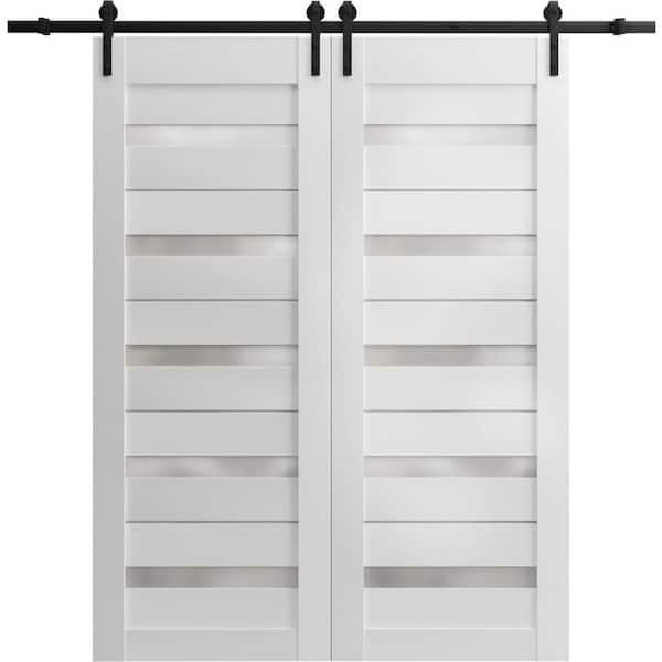 Sartodoors 36 in. x 80 in. 2 Panel Frosted Glass White Solid Wood Sliding Barn Door with Hardware Kit