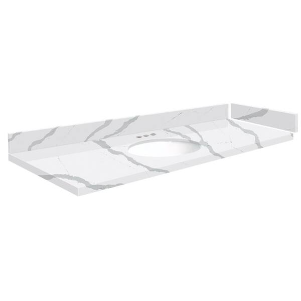 Transolid Silestone 57.75 in. W x 22.25 in. D Quartz White Round Single Sink Vanity Top in Bianco Calacatta